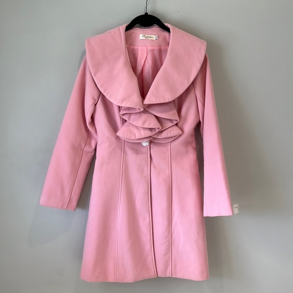 Pink Lolita 3/4 length jacket with lotus blossom collar wool viscose blend - Picture 2 of 14